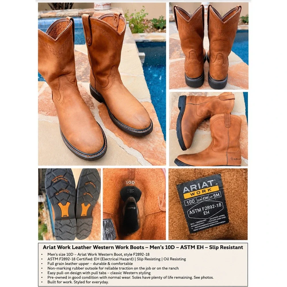 Ariat Work Pull On Western Boots ASTM EH Slip Resistant Oil Resistant Men's 10D